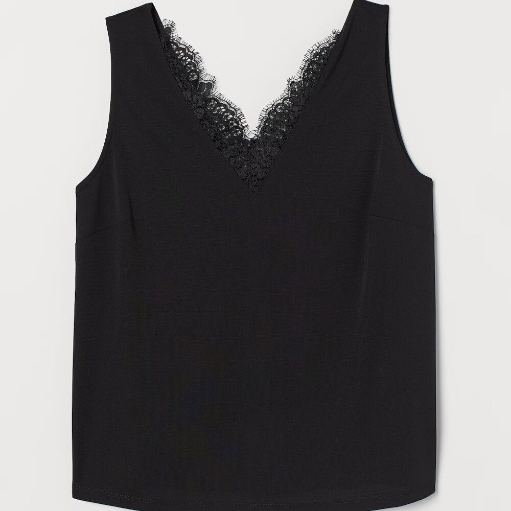H&M Black Lace Trim Camisole Tank Top Size M Satin Coquette Clean Girl